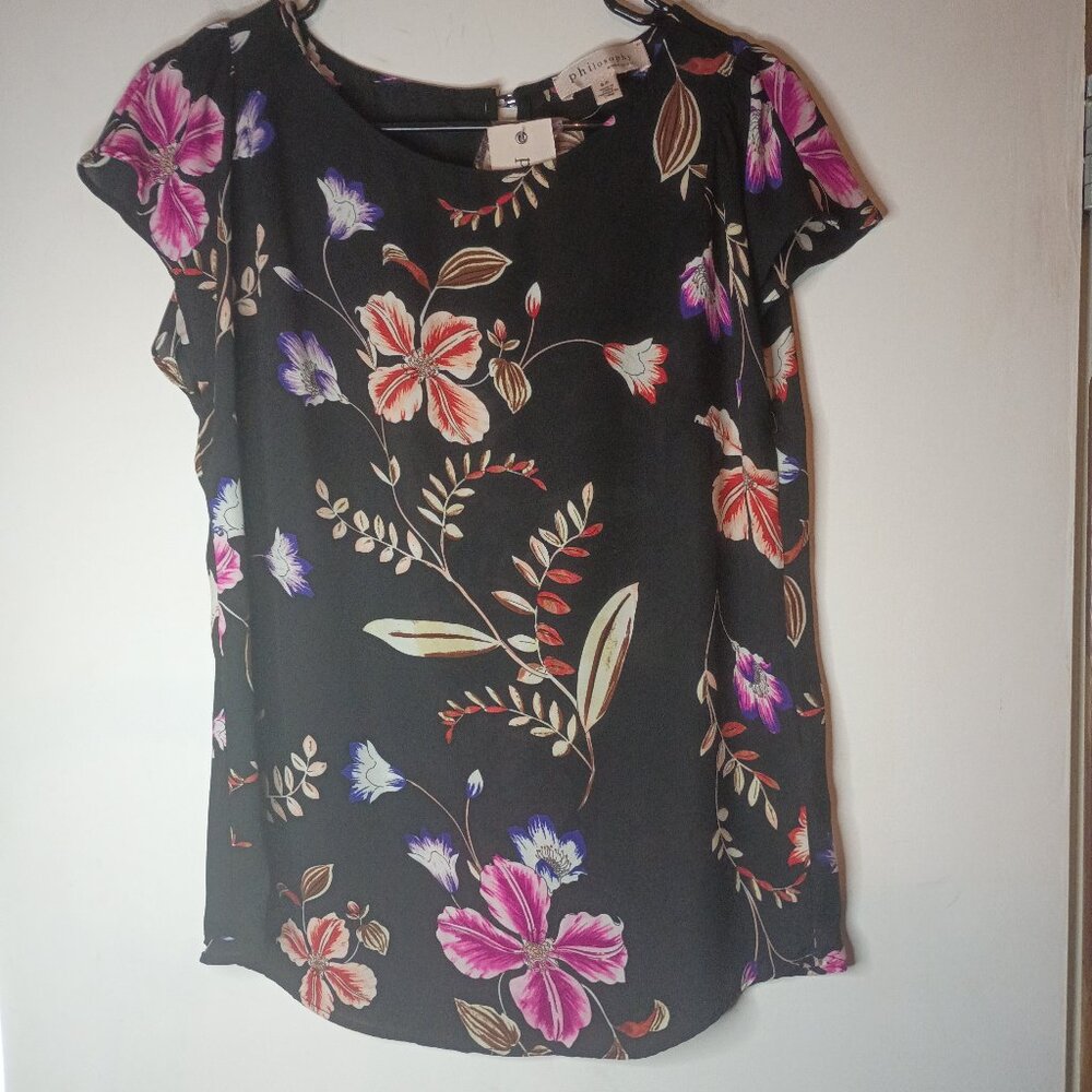 Philosophy NWT Black Floral Short Sleeve Top Blouse Women's Size Small